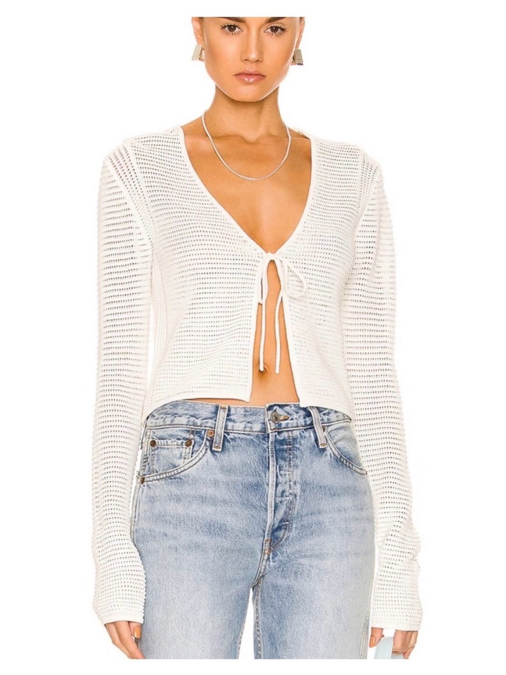 Frame Cream Crochet Tie-Front Cardigan